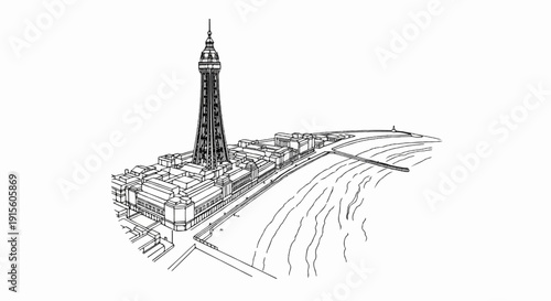 Ink sketch of a seaside town with a tall tower and pier