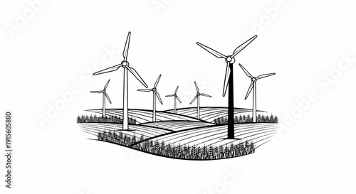 Ink sketch of wind turbines on rolling hills with fields