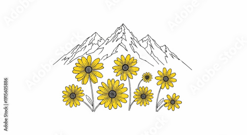Jagged peaks rise above a field of bright yellow daisies