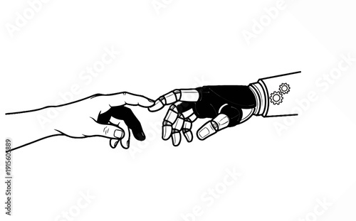 Human hand reaches for robotic hand, symbolizing connection or creation