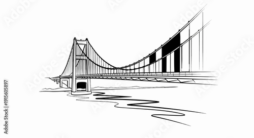 Ink sketch of a suspension bridge over a winding river
