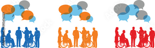 Diverse group of people including wheelchair users engaging in inclusive conversation with colorful speech bubbles representing accessibility, communication, and social integration.