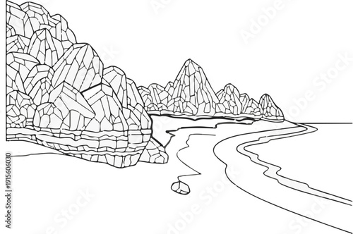 Jagged rock formations line a winding riverbank under a clear sky