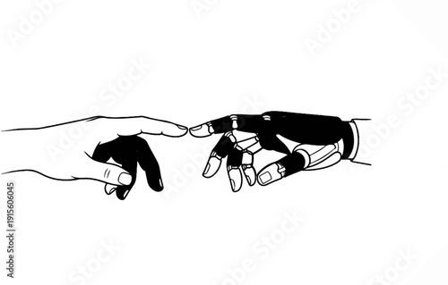 Human and robotic hands reaching out, nearly touching fingertips