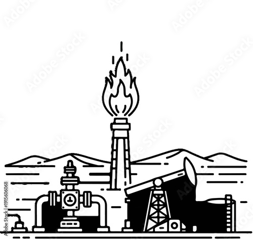 Industrial scene with a flare stack, pump jack, and pipelines under hills