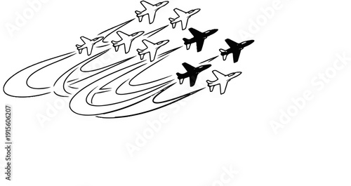 Jet formation flying, with black and white planes creating contrails