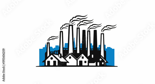 Industrial landscape with factory smokestacks emitting plumes of smoke