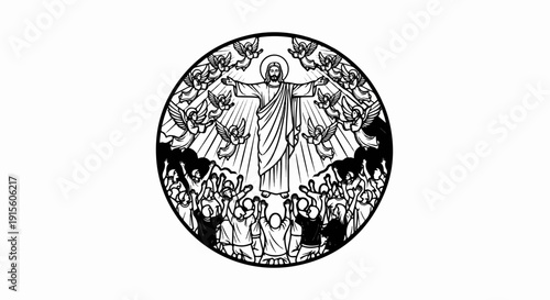 Jesus ascends, surrounded by angels, with a crowd looking up in awe