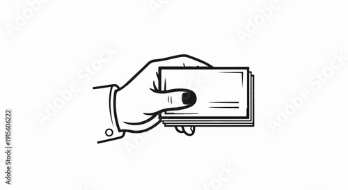 Hand holding a stack of blank cards in a line-art illustration