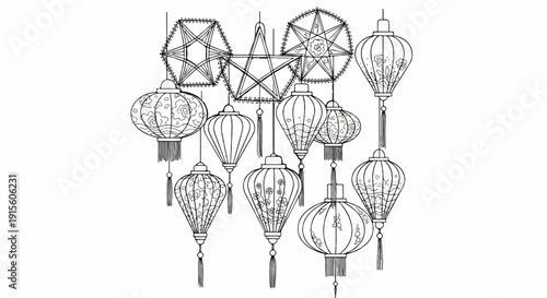 Hand-drawn collection of decorative Asian-style lanterns with varied shapes and floral motifs