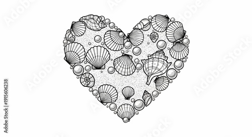 Heart shape filled with seashells, pearls, and sand