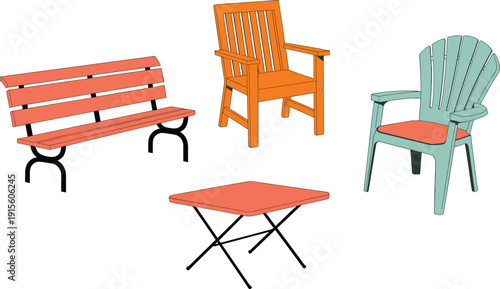 Silhouettes of outdoor furniture including park bench, armchairs, and folding table, vector illustration for patio, garden, and seating design themes