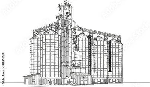Industrial grain storage facility with multiple tall silos and processing equipment