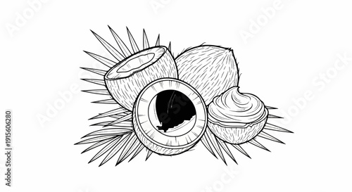 Line art illustration of coconuts and palm leaves, one filled with cream