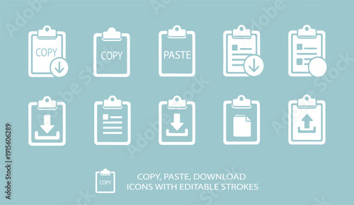 A set of white clipboard icons on a light blue background for copy paste and download