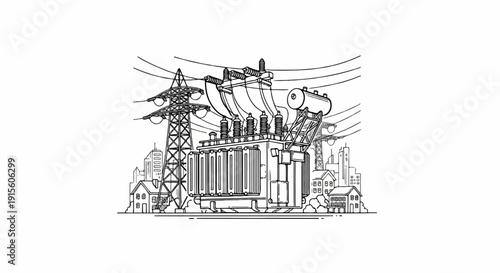 Industrial electrical transformer and power lines tower with city buildings