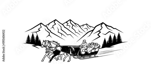 Horse-drawn sleigh with passengers traverses snowy mountains