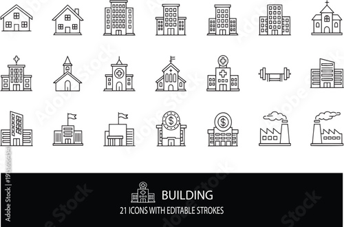 A collection of 21 building icons with editable strokes in black and white
