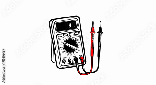 Hand-drawn illustration of a digital multimeter with test leads