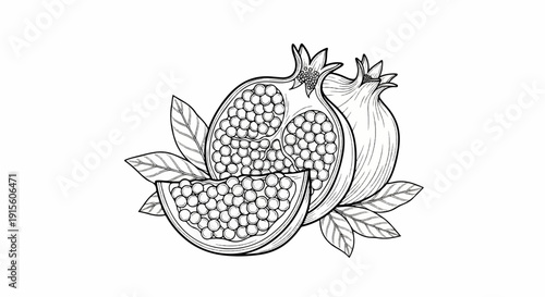 Line art illustration of pomegranates, one whole, one halved, and a slice