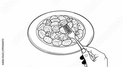 Hand holding fork to eat gnocchi with herbs on plate