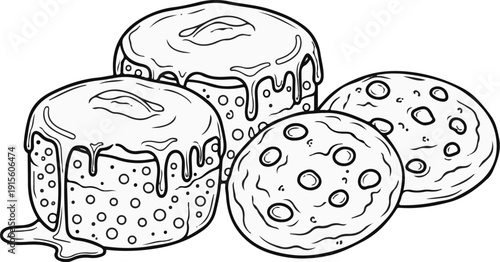 Line art illustration of two frosted cakes and two cookies