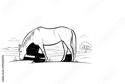 Horse grazing in a field near a tree and rolling hills