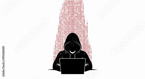 Hooded figure typing on laptop with digital code raining down