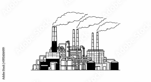 Industrial complex with smokestacks emitting plumes of smoke, intricate pipes, and storage tanks