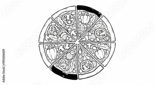 Hand-drawn illustration of a whole pizza divided into slices with vegetables