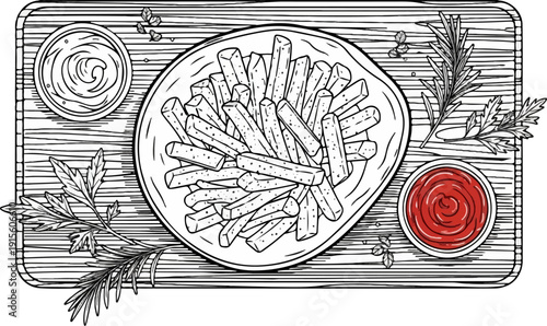 Hand-drawn illustration of french fries with dipping sauces and herbs
