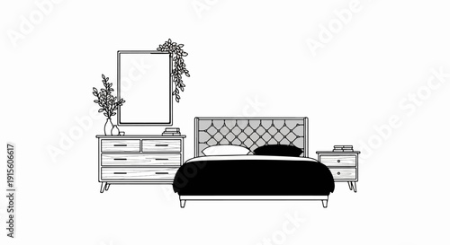Line art of a bedroom set with a tufted headboard and dresser