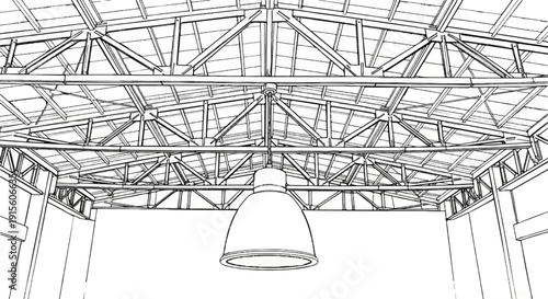 Industrial building interior with a large overhead lamp and exposed metal truss ceiling