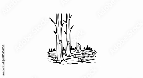 Hand-drawn illustration of felled logs and standing trees in a forest
