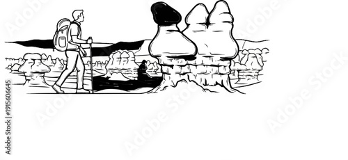 Hiker with backpack and pole walks through rocky desert landscape