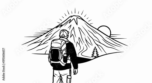 Hiker gazes at majestic sunlit mountain peak and lone tree