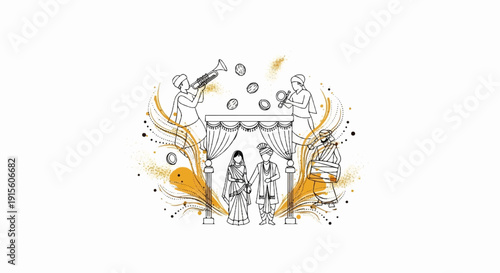 Indian wedding celebration with musicians and a couple under canopy