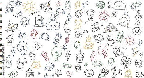 Adobe Illustrator Artwork. cute hand drawn doodle vector set, love, Natural , firework, cloud, weather, rainbow, snow, heart and creative design vector collection.
