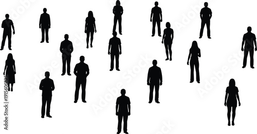 Large group of diverse men and women standing silhouettes isolated on white background, community people crowd, social gathering, human population, teamwork concept.