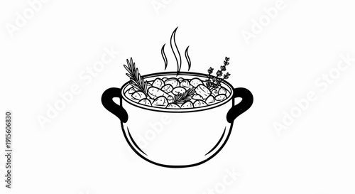 Hand-drawn pot of stew with herbs and steam