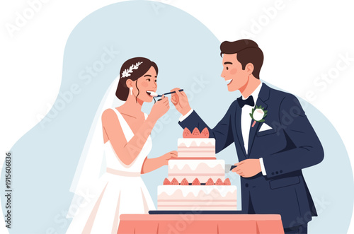 Joyful couple sharing cake at wedding reception