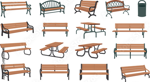 Silhouettes of park benches and picnic tables with varied designs, outdoor seating vector illustration for urban planning, landscape, and public furniture design