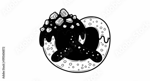 Hand-drawn pretzel covered in dark chocolate and biscuit chunks