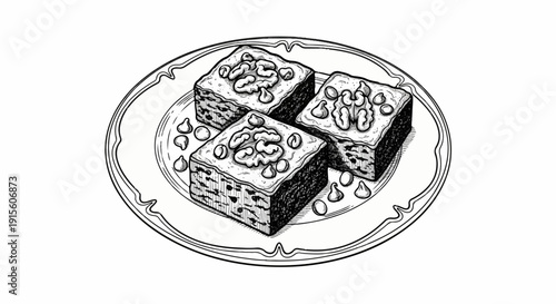 Hand-drawn plate of three square baked treats topped with nuts and chocolate chips