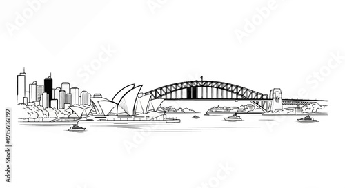 Hand-drawn sketch of a city skyline with a famous opera house and bridge
