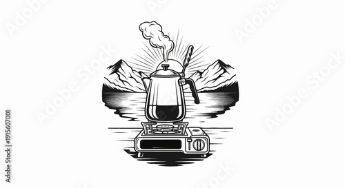 Kettle brewing coffee on a portable stove with mountains and sun in background