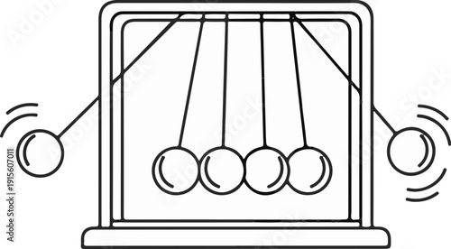 Kinetic sculpture of swinging spheres on strings, demonstrating momentum