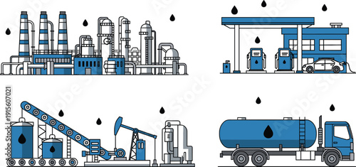Oil and gas production process illustration set, refinery plant fuel station tanker truck energy industry vector