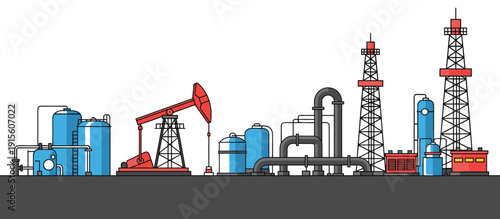 Oil refinery industrial plant with pumpjack drilling rigs and storage tanks, petroleum energy production vector illustration