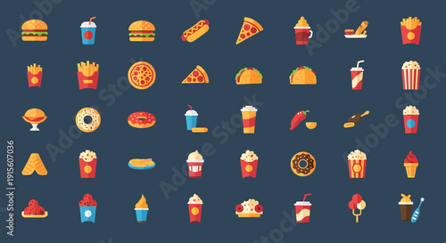 Assorted Food Icons Displayed on Dark Background from Direct Viewpoint